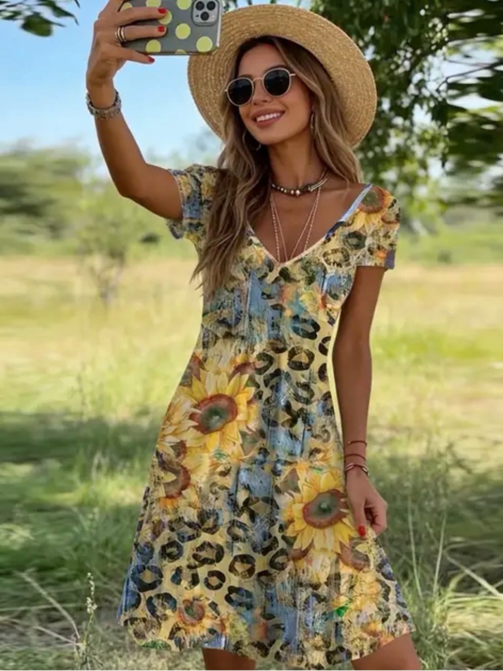 Source Unknown Yellow Sunflower & Leopard Print V-Neck Mini Dress